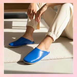 Moroccan Leather Babouche Slippers - Blue